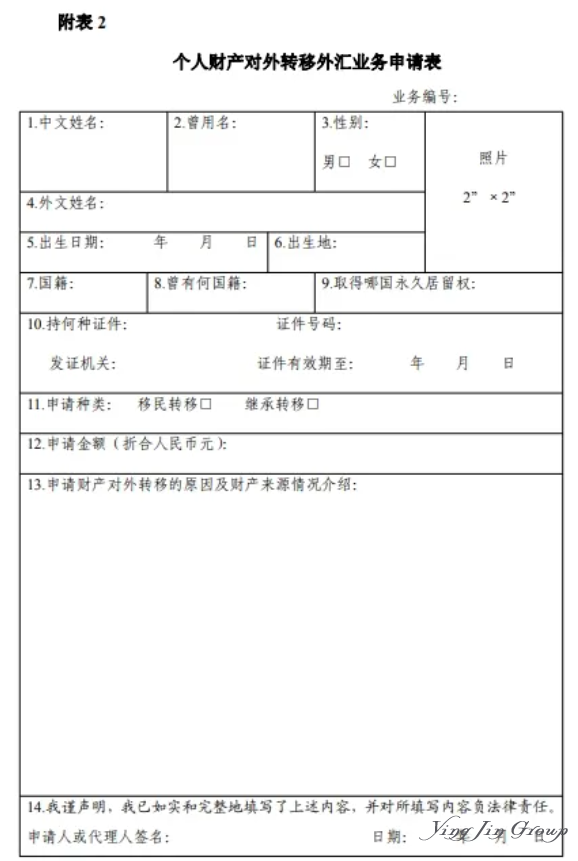 个人财产对外转移外汇业务申请表