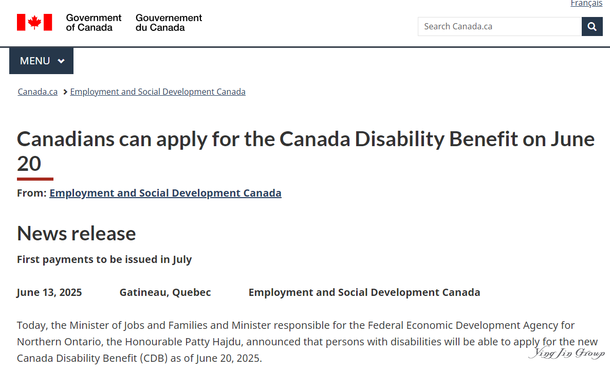 加拿大残疾福利金（CDB）6月20日起开放申请